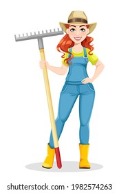 Beautiful woman farmer holding rake. Cute girl farmer cartoon character. Stock vector illustration on white background