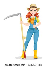Beautiful woman farmer holding scythe and wheat. Cute girl farmer cartoon character. Stock vector illustration on white background