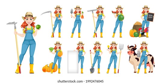 Beautiful woman farmer, set of eleven poses. Cute girl farmer cartoon character with carrots, with shovel and with hoe. Stock vector illustration on white background