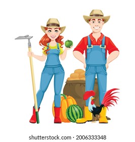 Beautiful woman farmer, set of eleven poses. Cute girl farmer cartoon character with carrots, with shovel and with hoe. Stock vector illustration on white background