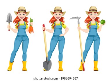 Beautiful woman farmer, set of three poses. Cute girl farmer cartoon character with carrots, with shovel and with hoe. Stock vector illustration on white background