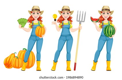 Beautiful woman farmer, set of three poses. Cute girl farmer cartoon character. Stock vector illustration on white background