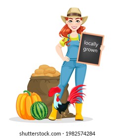 Beautiful woman farmer standing near harvest and rooster. Cute girl farmer cartoon character. Stock vector illustration on white background