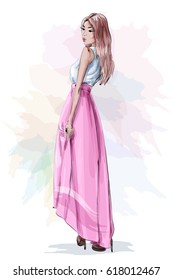 Beautiful woman in fashion clothes: blue light shirt, pink skirt and stylish shoes. Sketch. Fashion look. Vector illustration.
