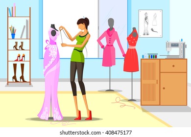 Beautiful Woman Fashion Designer Taking Measurement. Vector Illustration