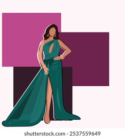 Hermosa mujer en Vector de vestir verde largo de moda. Ilustración vectorial de hermosa mujer joven morena con largo peinado rizado en vestido de noche largo verde transparente.