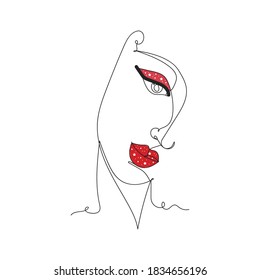 Beautiful woman fashion with red lips - one line drawing. Vector illustration continuous line drawing