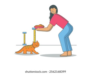 Beautiful woman feeding cat in her playroom. Taking care of cute pet. Character design. Vector flat illustration