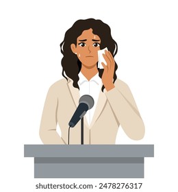 Mujer hermosa que siente miedo y ansiedad antes del discurso escénico. Ilustración vectorial plana aislada sobre fondo blanco