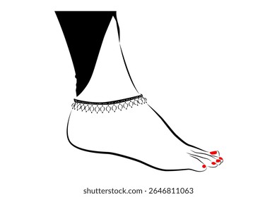 Beautiful Woman feet with anklets and red nails line drawing isolated on white background - vector illustration