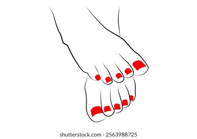 Beautiful woman feet closeup with red nails line art isolated on white background - vector illustration