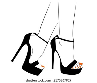 Beautiful Woman Feet with high heels and neon nail polish isolated on white background - vector illustration