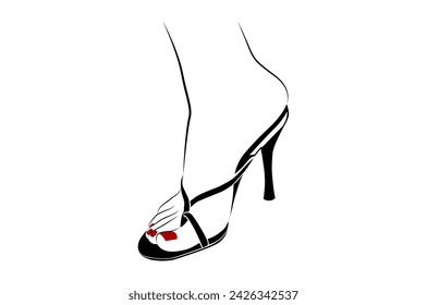 Beautiful woman feet with high heels and red nails line drawing isolated on white background - vector illustration