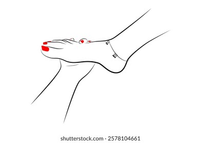 Beautiful woman feet holding hand with red nails line drawing isolated on white background - vector illustration