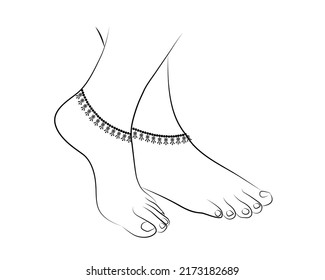 Beautiful Woman Feet line drawing with Anklet isolated on white background - vector illustration