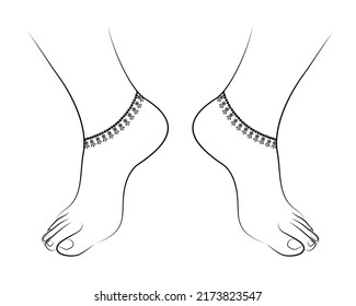 Beautiful Woman Feet line drawing with Anklet isolated on white background - vector illustration