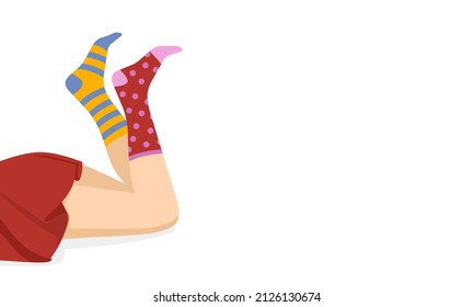 Beautiful Woman Feet In Mismatched Trendy Socks Isolated On White Background With Empty Space, Crazy Style Young Girl. Vector Illustration.