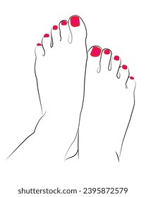 Beautiful woman feet with red nail polish line drawing isolated on white background - vector illustration
