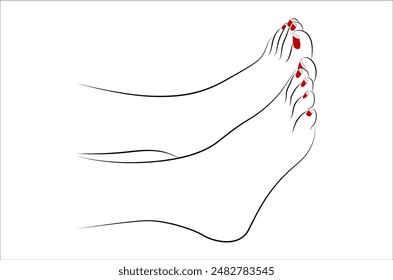 Beautiful woman feet with Red nails line drawing concept isolated on white background - vector illustration 