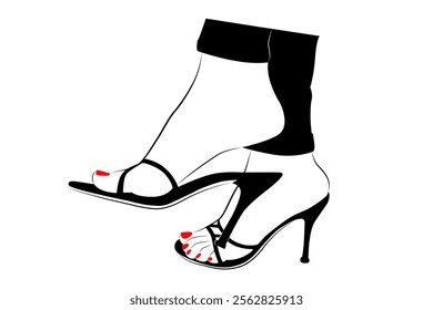 Beautiful woman feet with red nails and wearing high heels line drawing isolated on white background - vector illustration