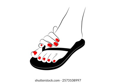 Beautiful woman feet with red nails and sandals with holding hand isolated on white background - vector illustration