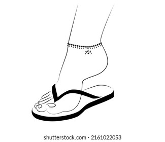Beautiful Woman Feet wearing Sandals and Anklet line drawing isolated on white background - vector illustration
