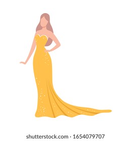 Beautiful Woman in Festive Yellow Dress, Elegant Female Celebrity Character Flat Vector Illustration