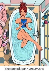 A beautiful woman in a filled bathroom. Sexy girl is reading a smartphone. Top view