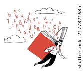 A beautiful woman flies with wings made of a large book, letters fall from a book. Hand drawn vector illustration doodle style.