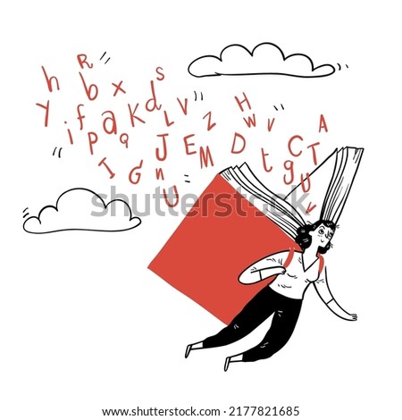 A beautiful woman flies with wings made of a large book, letters fall from a book. Hand drawn vector illustration doodle style.