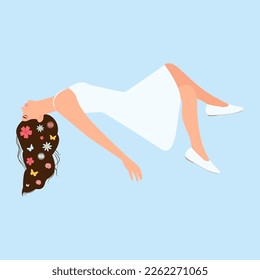 Beautiful woman floating in the air. Flowers in hair.Relaxed Girl in dress hovering in air with eyes closed. Vector illustration