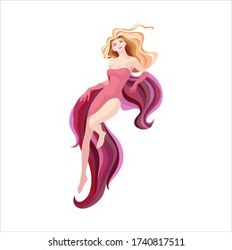 Beautiful woman floating in dreams, imagination and inspiration. Vector girl in pink dress on white background. Elegant lady with blonde hair. Female body. Pastel colors. Character flying in space.