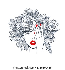 Beautiful woman with floral headdress in spring for Beauty salon logo, wedding, anniversary, birthday party. Element design for banner, poster, card, invitation and scrapbook. Vector illustration.