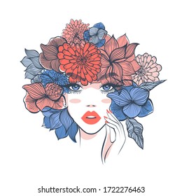 Schöne Frau mit Blumenbezug im Frühling für Beauty Salon Logo, Hochzeit, Jubiläum. Handgezeichnet schöne junge Frau im Blumenkranz. Design für Banner, Poster, Karte, Einladung. 