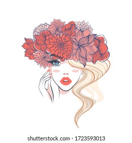 Beautiful woman with floral headdress in spring for Beauty salon logo, wedding, anniversary. Hand drawn beautiful young woman in flower wreath. Design for banner, poster, card, invitation. 