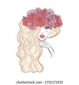 Beautiful woman with floral headdress in spring for Beauty salon logo, wedding, anniversary. Hand drawn beautiful young woman in flower wreath. Design for banner, poster, card, invitation. 