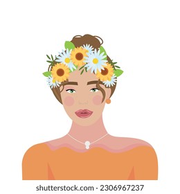 Beautiful woman with floral wreath on white background. Summer S