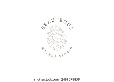 Beautiful woman with flower bust outline logo design template vector illustration. Elegant female blossom floral portrait minimalist logotype for beauty salon makeup artist organic cosmetics brand