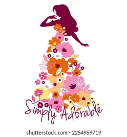 Beautiful woman in flower dress illustration with simply adorable wording design