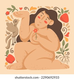 Beautiful woman with flower. Hand-drawn vector illustration of body positive girl with natural ornament. 