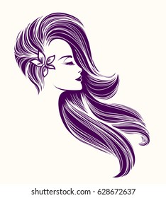 Beautiful woman with a flower in her long,wavy hair.Vector illustration.