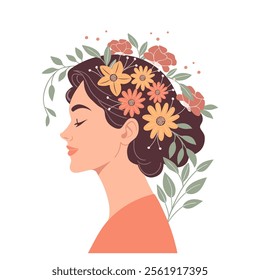 Beautiful woman with a flower wreath on her head. Profile of a woman with flowers. Illustration