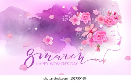 Beautiful woman with flowers, cherry bloBeautiful woman with flowers, cherry blossom, roses. Watercolor pink background. Mother's day, 8 march, beauty, style design.