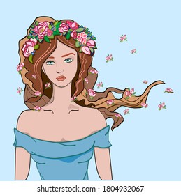 Beautiful woman with flowers in her hair vector illustration