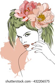 beautiful woman with flowers in her hair.flowers can be used separately.