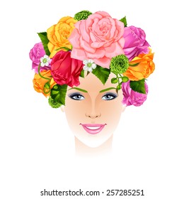 Beautiful woman with flowers instead hair. Isolated vector illustration.