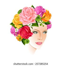 Beautiful woman with flowers instead hair. Isolated vector illustration.