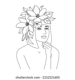 Beautiful woman with flowers on head vector one line drawing. Monochrome line art floral minimalist print. Female beauty concept.  Abstract portrait, fashion illustration,   minimalist style.