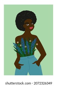 Beautiful woman with flowers on her breast. Plant lady illustration. Feminine t-shirt design or poster.