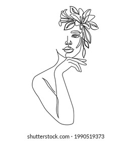 Beautiful woman with flowers one line vector. Trendy modern minimalist linear style. Beauty, fashion, design template card with female face